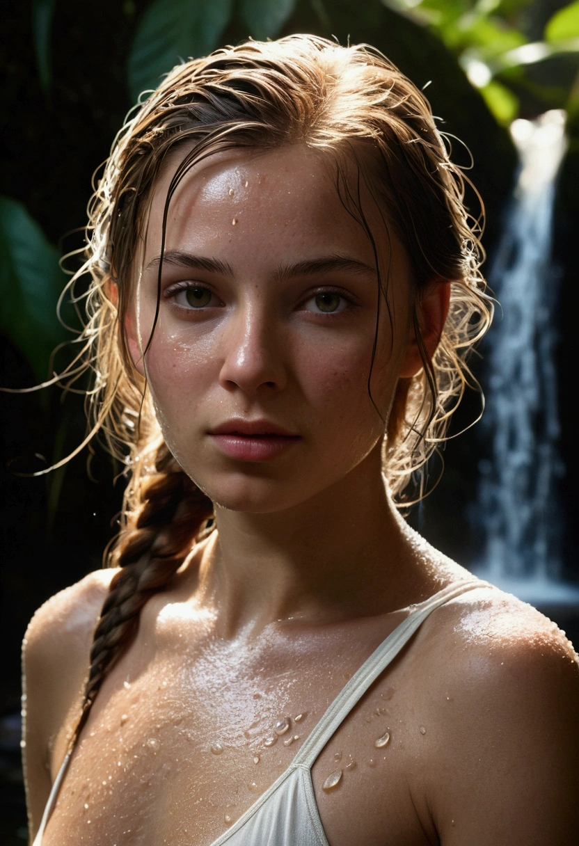 dressed, (photo realistic:1.4), (hyper realistic:1.4), (realistic:1.3), (smoother lighting:1.05), (increase cinematic lighting quality:0.9), 32K, 1girl,20yo girl, realistic lighting, backlighting, light on face, ray trace, (brightening light:1.2), (Increase quality:1.4), (best quality real texture skin:1.4), finely detailed eyes, finely detailed face, finely quality eyes, (tired and sleepy and satisfied:0.0), face closeup, wet Tank top, (Increase body line mood:1.1), (Increase skin texture beauty:1.1), Symmetrical, High Detail RAW Color Photo Professional Photo, [:( High Detail Face: 1.2): 0.1], (lora:PJ DH), Double braids, pores, real skin, breast focus, straight up, an 20 year old woman under a waterfall, body in contact with water and ripples around, clear clean water, shining eyes, looking at the audience, wet clothes, transparent clothes, wet body, wet hair, Tyndall effect, lens flare, shadow,, bloom, natural lighting, hard focus, film grain, photographed with a Sony a9 II Mirrorless Camera, by Laurence Demaison, gaze looking beyond,red blush,Strong sunshine,delicate and messy hair,realistic skin textures, Pronounced pores and skin wrinkles,tropical rainforest,((strong light shines on the face)), The upper part of the body, naked portrait, nude photography, detailed armpit, pussy pubic hair, shiny nipple, no clothes 