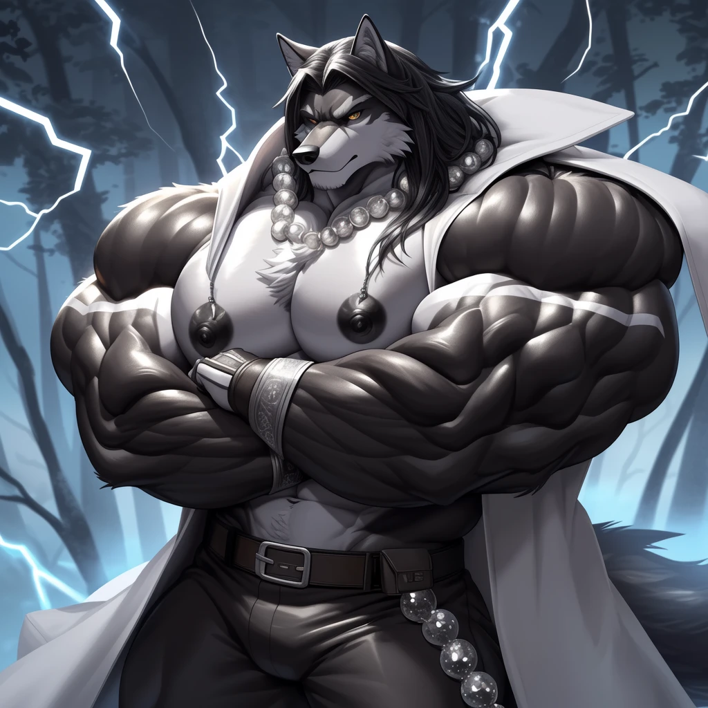 (upload on e621) (Masterpiece) (by Drks) (best quality) (ultra high res) 4K (8k HD) 2D (perfect anatomy) (digital art) (official art) (extreme detailed) (ultra detailed) (strapsanime) color (soft shading) (sharp focus) (forest woods background) 1man black body fur silver belly detailed fluffy fur (ultra detailed face) detailed eyes detailed iris eyes detailed golden yellow eyes (white sclera) black pupils big navel abs bare pectoral (((silver tuft on his chest))) (((huge black shiny nipples))) black claw nails furry wolf male mature male dark black giant bulky muscular body fur giant size canid (((huge muscles))) (((hyper muscles:1.3))) huge pecs (((oversize pecs:1.3))) huge biceps (((giant biceps:1.3))) (((fullbody))) canine canis mammal powerful wolf god wolf male fierce face badass wolf anthro solo standing (((wearing black full complete sleeveless long trench coat:1.3))) (((dark black longest flowing length hair:1.3))) (((dark black longest flowing length back fur hair:1.3))) (((dark black longest length hair fur front lay on pecs:1.3))) (((best longest dark black flowing hair:1.3))) (((perfect fingers))) (((five fingers))) dark black hands and fingers (((wearing black and silver fingerless gloves))) (((black arm bands on his biceps))) (((three black arm bands on his forearms))) (((black huge bead necklaces:1.3))) (((black huge longer bead necklaces around neck to pecs:1.3))) (((dark black and silver underside long wolf tail))) (((black long pants with silver lines with belt straps on both legs))) (((silver electricity and wind aura flow entire body))) (((crossed arm pose)))