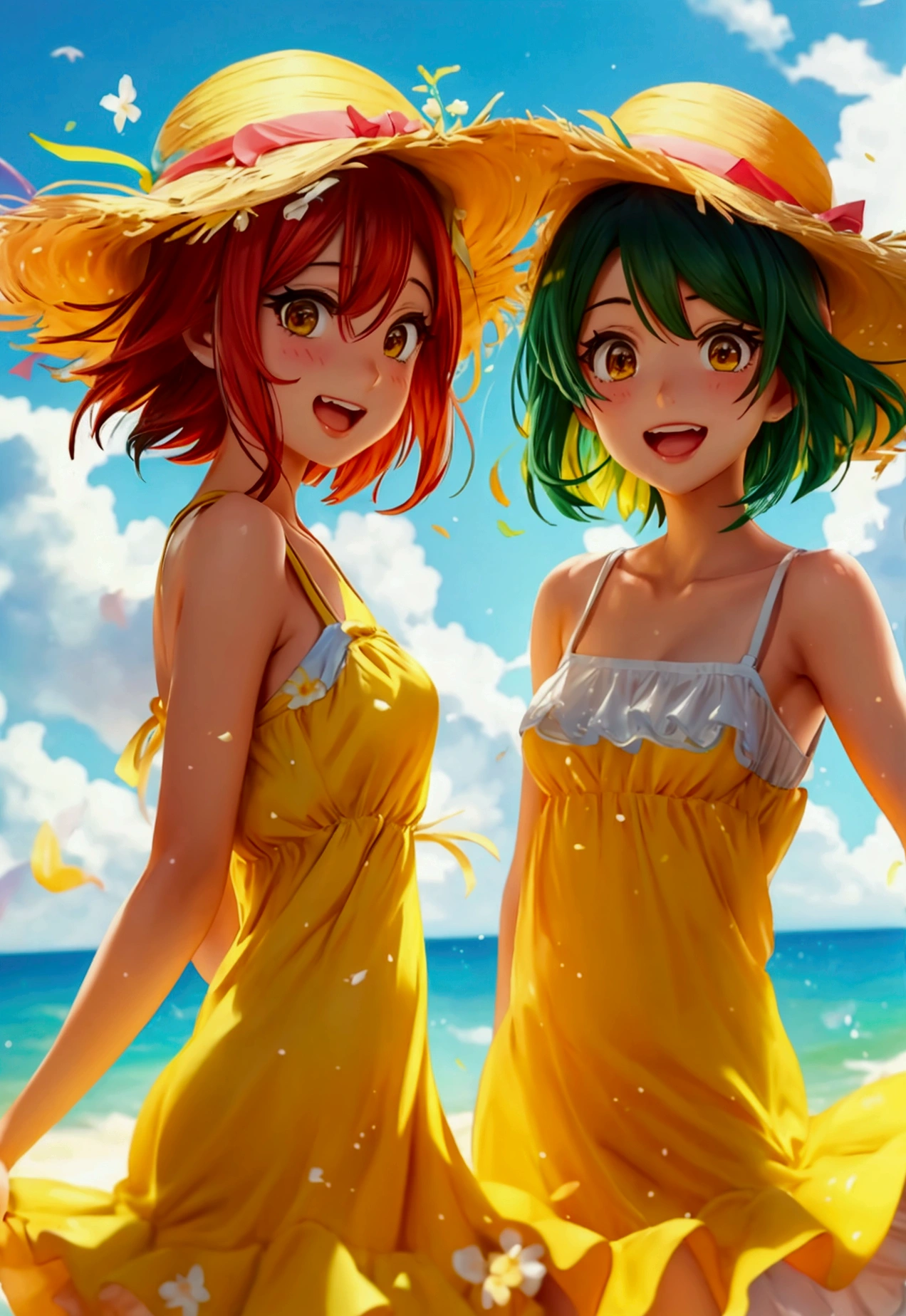 yaoyorozu momo, Summer dress, short yellow dress, air blowing, lifted dress showing white panties. playa, sunny. Back