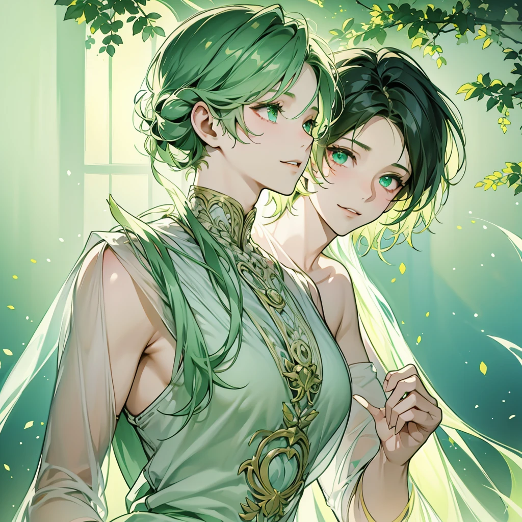a beautiful ethereal boy with light green long shoulder length hair, light green eyes, smiling, soft boy, portrait, extremely detailed, highres, 8k, best quality, masterpiece, vivid colors, studio lighting, intricate details, glowing skin, gentle expression, serene sky background, dreamy atmosphere
