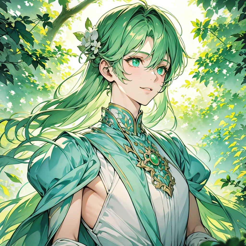 a beautiful ethereal boy with light green long shoulder length hair, light green eyes, smiling, soft boy, portrait, extremely detailed, highres, 8k, best quality, masterpiece, vivid colors, studio lighting, intricate details, glowing skin, gentle expression, serene sky background, dreamy atmosphere