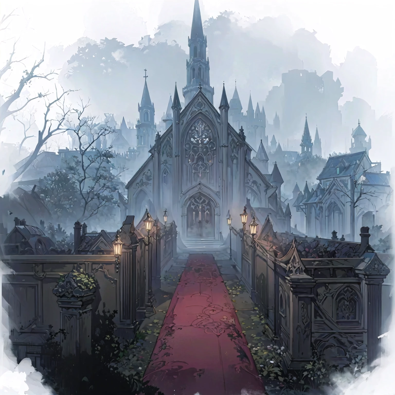 There is a painting，The painting shows a Gothic church with a red carpet, Cathedral Background, Gorgeous border + Concept Art, Gothic church background, anime scenery Concept Art, bloodborne Concept Art, Stunning mysterious background, Bloodborne Cathedral, Concept Art stunning atmosphere, Concept Art highly detailed, Neo-Gothic concept, background technology, anime background technology, beautiful Concept Art, Bloodborne Art