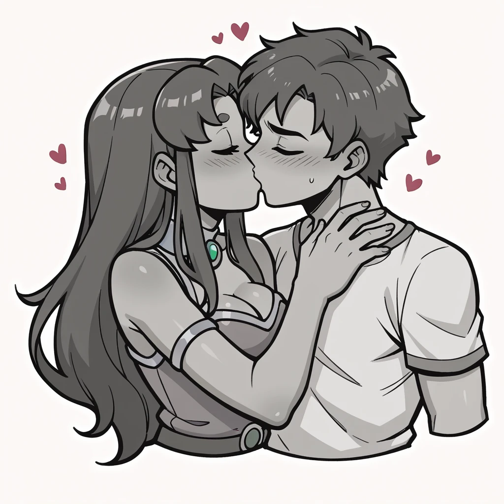 score_9_presence, score_8_up, 1girl, Starfire, 1boy, Robin, together, in love, kissing