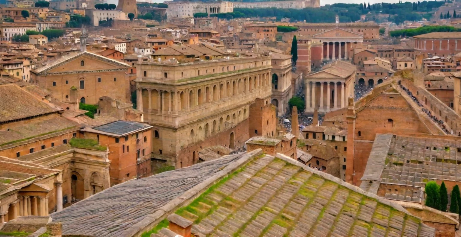 arafed view of a city with a lot of buildings and a clock tower, roman city, rome, ancient rome, rome in background, eternal city, roma, roman monuments, ancient roman setting, rome backdrop, roman historic works, market in ancient rome, old roman style, colosseo, city ruins in the background, ancient roman style, view from slightly above