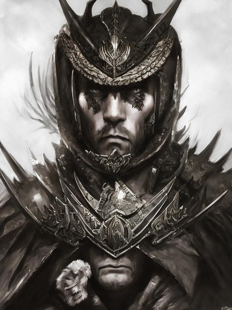 Close-up of a handsome warrior man, on a battlefield, wearing intricate dark armor, horror concept art, dark fairytale atmosphere, Johan Grenier style, Alyssa Monks style