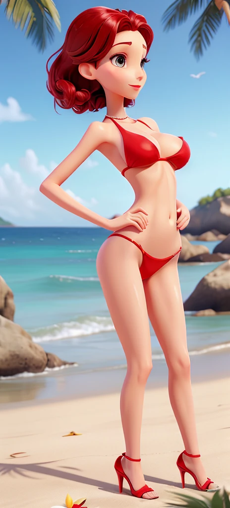 A beautiful skinny woman red lips delicate face with thin skinny arms , thin skinny legs and thin waist, very huge breast ,lying on back on beach in sexy micro bikini ,heels ,pearls, taking sun tan, show whole body standing in seductive pose
