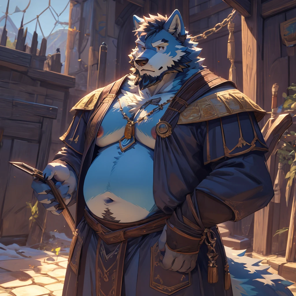 ((best quality)), ((masterpiece)), (Ultra detailed), ((4k)) Solo , Anthro Wolf , Light Blue Fur , Short Hair , Beard , Middle Ages , Big Pecs , Chubby Belly , Lactation