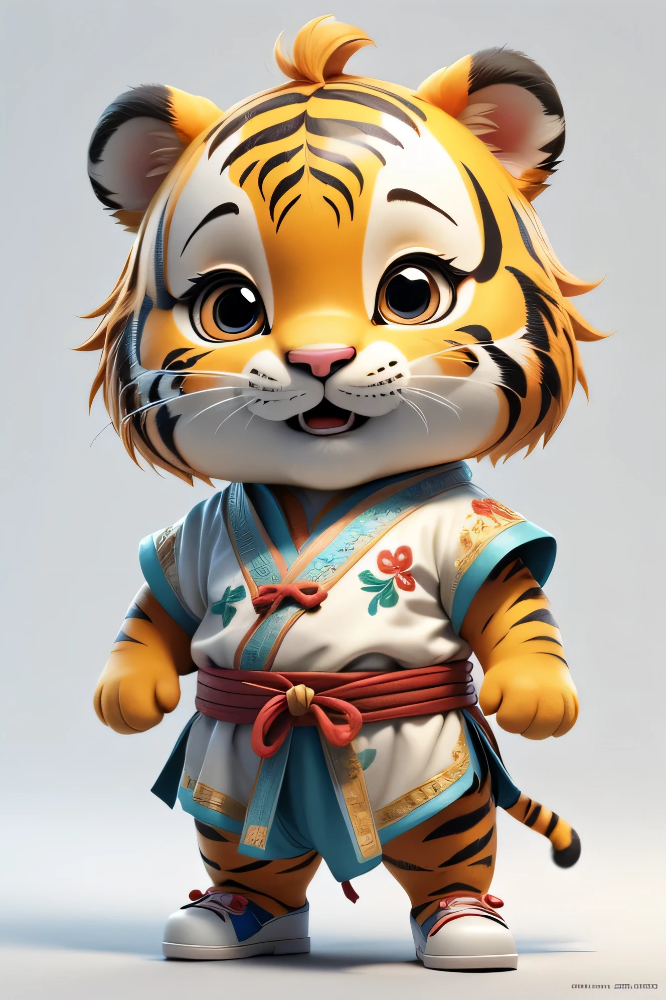 A cute IP cartoon tiger doll but no human, Kung Fu, wearing detailed Iranian clothing, embroidered shoes on the feet, chubby, shrunk, full body, movie lighting, cream color scheme, clean white background, high-end color scheme, Pixar style, surrealism, 3D, octane shading