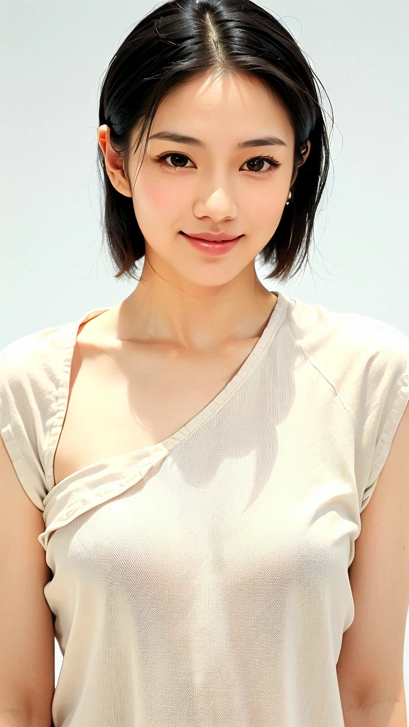 (1 woman:1.99)、(Wide forehead、Very short hair、Very small amount of hair、Forehead、Fuji frame:1.1)、Sunburn、17 years old、Naughty、Happy expression、満面のsmile、Weakness、love、I feel very comfortable alone、(Karen Kouzuki),((Very sleepy、Improves skin texture,smile、Narrow eyes、Very weak eyesight、Very weak eyeliner、Eyes slightly closed、I know the shape of your head、Oval Face))、(slicked back hair:1.25)、Photographic, Raw photo, Mastepiece, Highly detailed photos, Digital SLR, Photo-realistic 1.4, Super hello nothing, Best Quality,(standing、tilting your head、whole body:1.7)