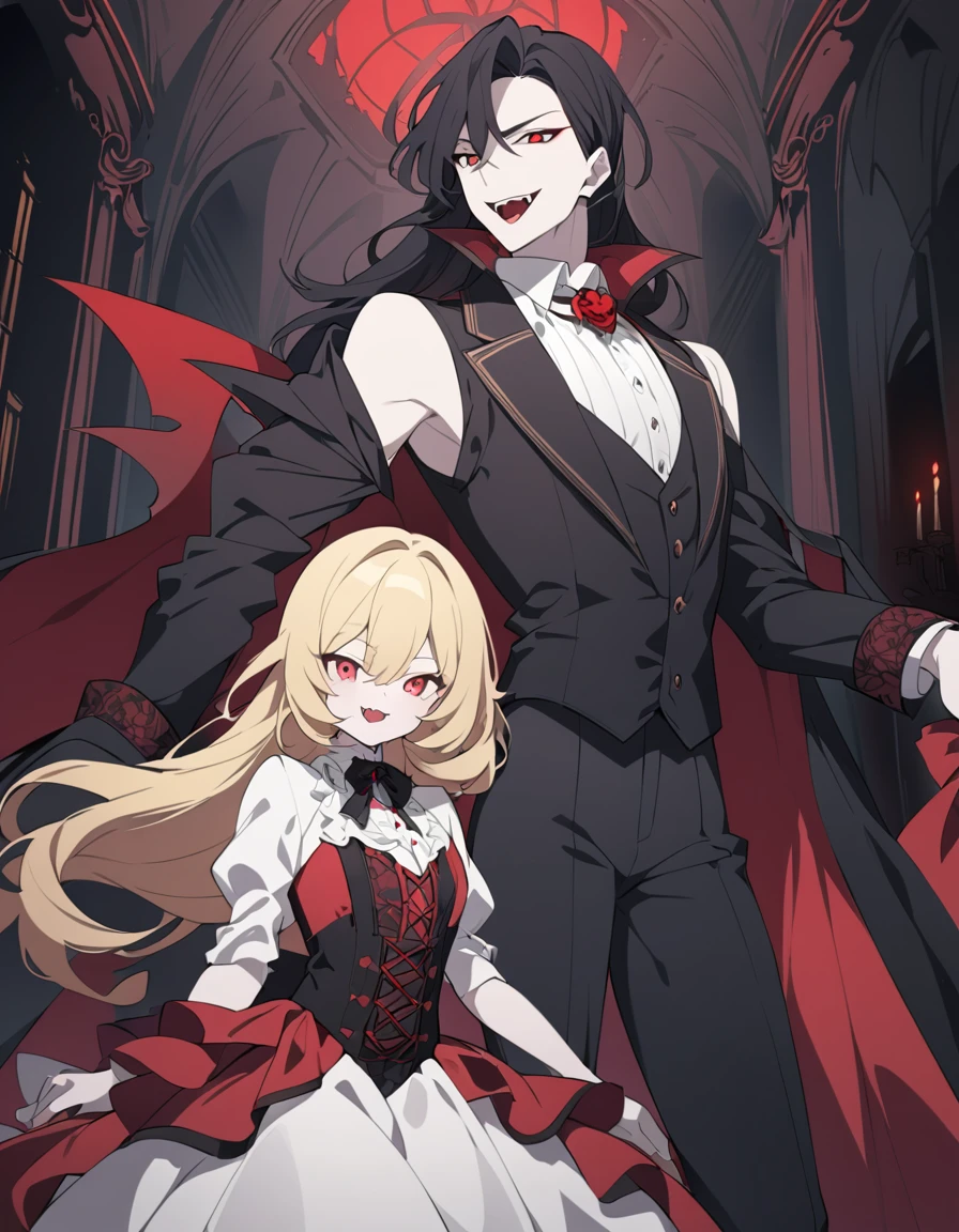 A slightly cartoonish/anime-style image featuring a male vampire with sharp vampire fangs. He is drinking blood from the neck of an attractive blonde female. The vampire has pale skin, dark hair, and glowing red eyes, wearing a classic Victorian suit with a high-collared cape. The blonde female has long, flowing hair and is dressed in an elegant, sleeveless gown. The scene is set in a dimly lit, gothic room with ornate decorations and a sense of dark romance. The overall style should blend elements of realism with the distinct, exaggerated features typical of anime.
