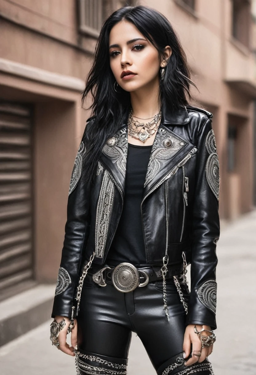 Alejandra: Guttural Voice
**Personality**:
- Rude and powerful.
- Very passionate and energetic on stage.
- Loyal and protective of her bandmates.
**Hair**:
- More or less short, shoulder-length, usually loose or in messy styles.
**outfit**:
**1. metal clothing:**
- **Studded leather jackets**: black, with metallic details and band patches. They may have embroidery or indigenous insignia.
- **tight leather pants**: black, with hanging chains and indigenous embroidery on the sides.
**2. accessories:**
- **chains**: long and thick, hanging from belt and jacket.
- **thick bracelets**: Leather and metal, with engraved indigenous motifs.
- **big rings**: With aggressive designs and dark stones.
- **Masks and crowns**: depending on the song, Made with natural materials and metal details.
**3. shoes:**
- **Large military boots**: black, with buckles and metal details. Resistant and comfortable for your movements on stage.
**4. make-up:**
- **Eyes lined with intense black**: Dark shadows, with red or silver details.
- **dark lips**: In black or intense red tones, adding an aggressive touch.
**5. Additional details:**
- **leather vests**: About the t-shirts, with embroidery and patches of bands and indigenous motifs.
- **Belts with large buckles**: Decorated with leather and metal details.
- **Temporal tattoos**: With indigenous designs, visible on arms and neck, adding to his tough and powerful style.
