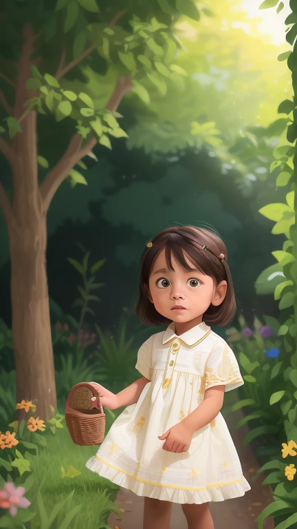 Realistic portrait of a seven year old, He wears a dress. Your face is and exploratory . He cautiously goes out into the garden of the house, A small cat is among the bushes and he touches it cautiously ,Not facing the camera,, Hair is messy ,