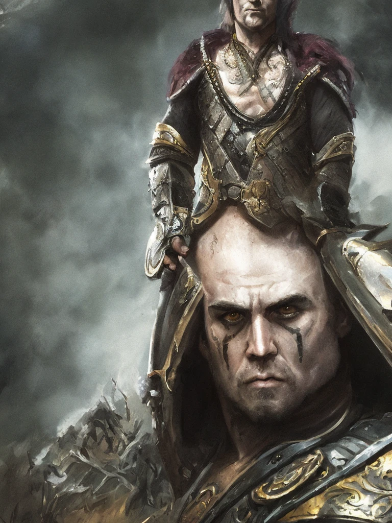 Close-up of a handsome warrior man, on a battlefield, wearing intricate dark armor, horror concept art, dark fairytale atmosphere, Johan Grenier style, Alyssa Monks style