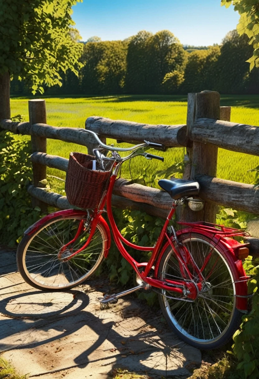 A shiny red bicycle, highly detailed, leaning against a rustic wooden fence, sunlight filtering through the leaves, beautiful countryside landscape in the background, photorealistic, 8k, ultra-detailed, vibrant colors, natural lighting, masterpiece