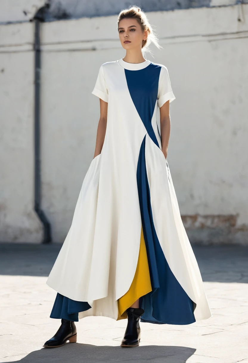 full-length ,dress with unusual cuts, a mix of different fabrics, and the use of unconventional colors like white, cream. Featuring modern details like pockets or multi-layered skirts.