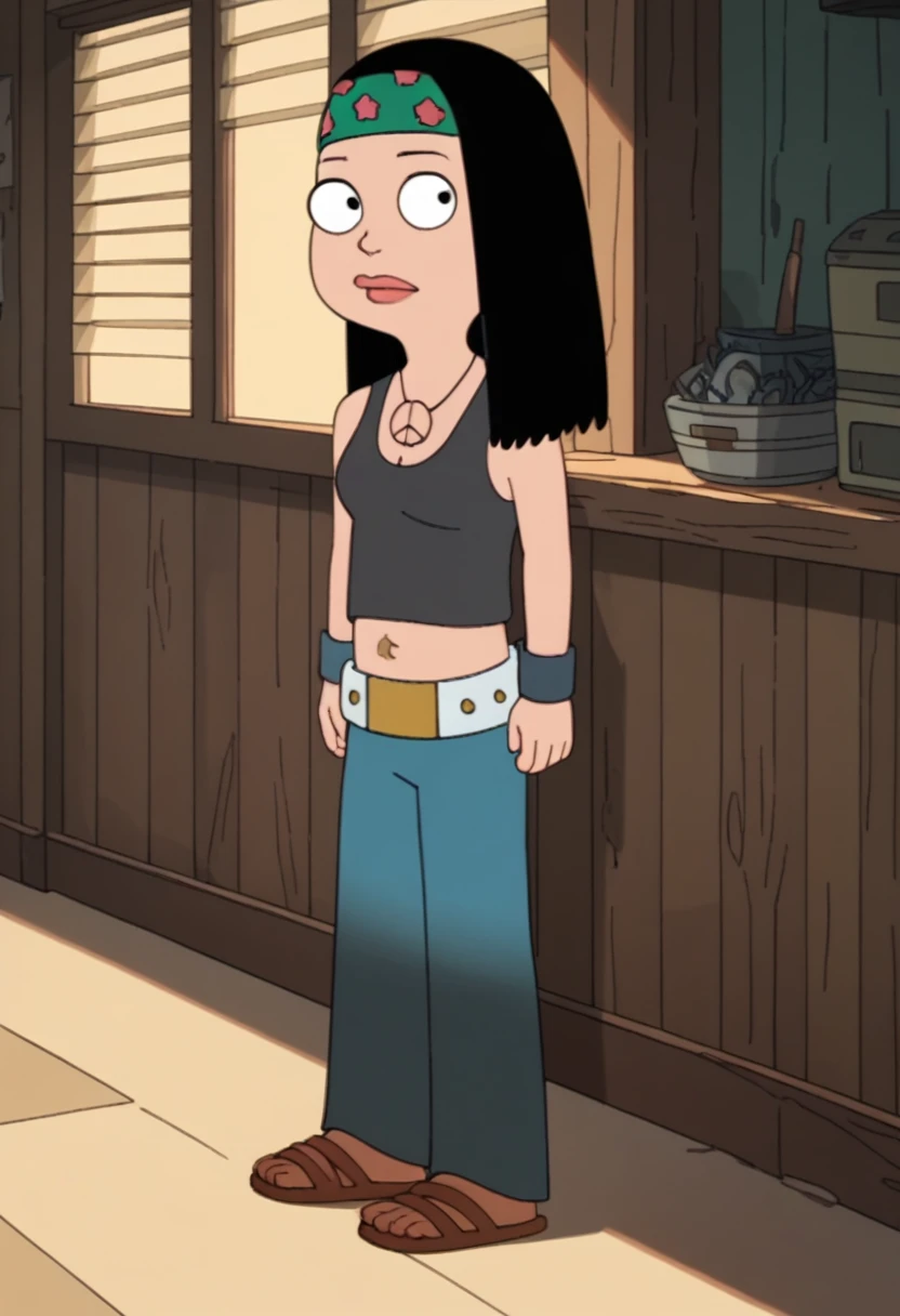 hayley, headband,1girl, solo, black hair, necklace, navel, long hair, midriff, tank top, belt, wristband, pants, sandals, score_9, score_8_up, score_7_up, score_6_up, score_5_up, score_4_up, looking at viewer,