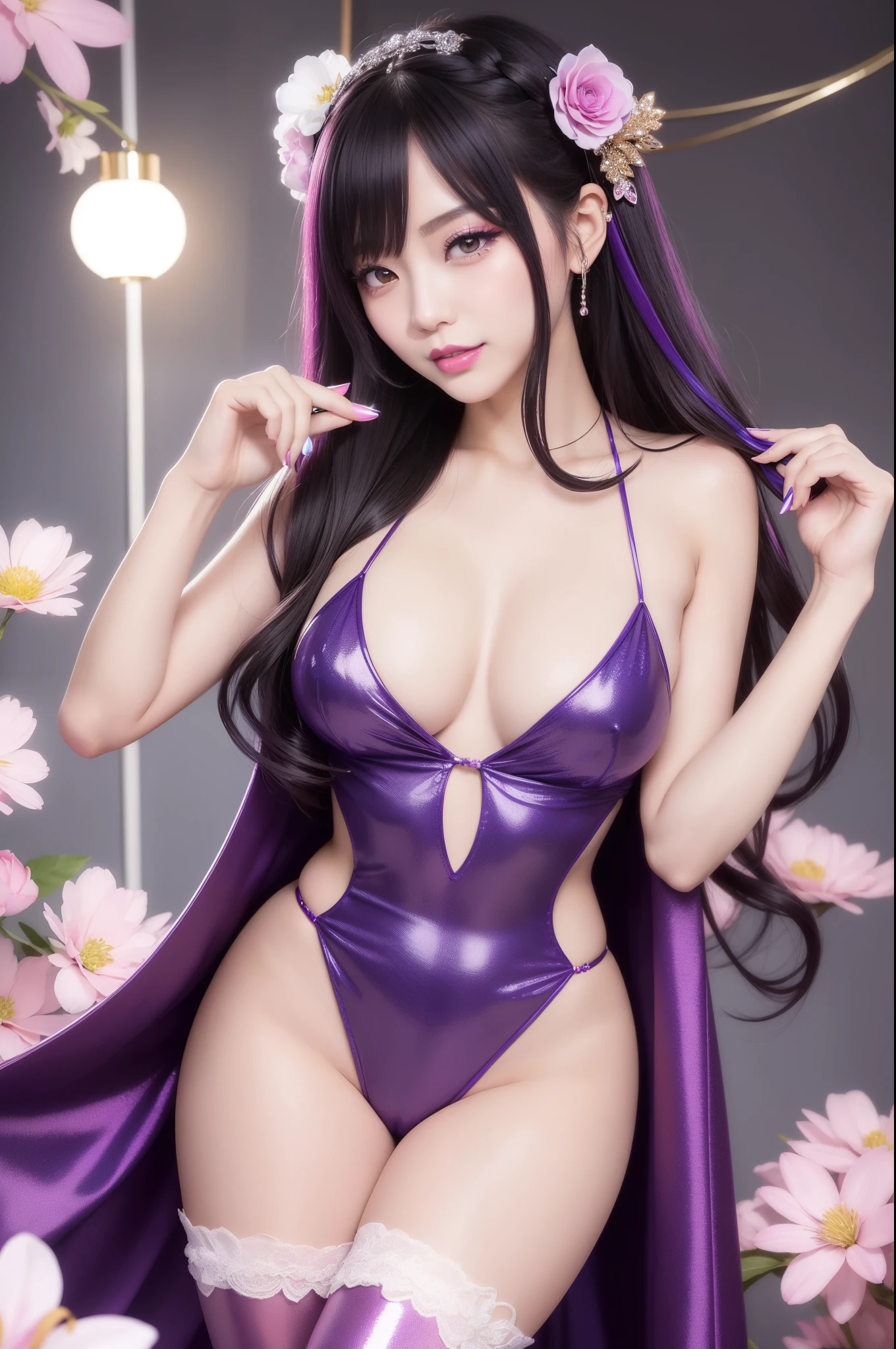 sexy Japanese model who controls poison、beautiful smile、lip-gloss、bold lipstick、long lasheetallic makeup、look at the camera、full body Esbian、、sparkling poisoned flower costume、、、、sparkling Colorful hair、secrete poison、skull hair accessories、sexy tights、shiny sparkling flowers background
