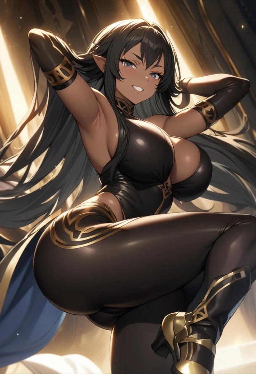 (masterpiece), (best quality), (Extremely detailed),Extremely detailed CG unity 8k wallpaper,Official Art,Expressive eyes,Solitary, (Arm stretch, Smile 1.2), (1 Girl, Mature female, Large Breasts, Big Ass，Black Hair, Long hair, black eyes, Dark-skinned women), (sleeveless, Tight costume, Embroidered shoes，Black Elbow Gloves, Jewelry, armband, Ajurna - First Ascent:1.3),Semiramis (destiny)