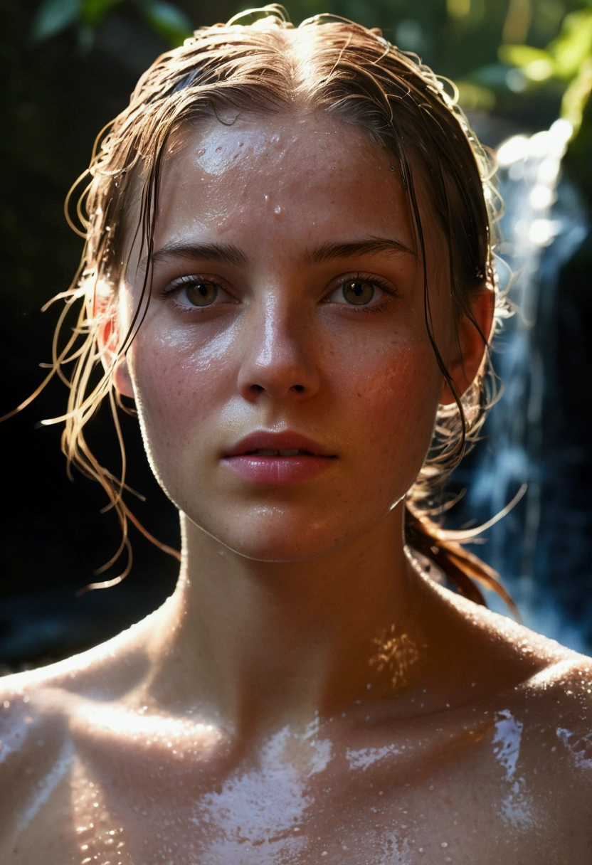 dressed, (photo realistic:1.4), (hyper realistic:1.4), (realistic:1.3), (smoother lighting:1.05), (increase cinematic lighting quality:0.9), 32K, 1girl,20yo girl, realistic lighting, backlighting, light on face, ray trace, (brightening light:1.2), (Increase quality:1.4), (best quality real texture skin:1.4), finely detailed eyes, finely detailed face, finely quality eyes, (tired and sleepy and satisfied:0.0), face closeup, wet Tank top, (Increase body line mood:1.1), (Increase skin texture beauty:1.1), Symmetrical, High Detail RAW Color Photo Professional Photo, [:( High Detail Face: 1.2): 0.1], (lora:PJ DH), Double braids, pores, real skin, breast focus, straight up, an 20 year old woman under a waterfall, body in contact with water and ripples around, clear clean water, shining eyes, looking at the audience, wet clothes, transparent clothes, wet body, wet hair, Tyndall effect, lens flare, shadow,, bloom, natural lighting, hard focus, film grain, photographed with a Sony a9 II Mirrorless Camera, by Laurence Demaison, gaze looking beyond,red blush,Strong sunshine,delicate and messy hair,realistic skin textures, Pronounced pores and skin wrinkles,tropical rainforest,((strong light shines on the face)), The upper part of the body, naked portrait, nude photography, detailed armpit, pussy pubic hair, shiny nipple, no clothes, slutty