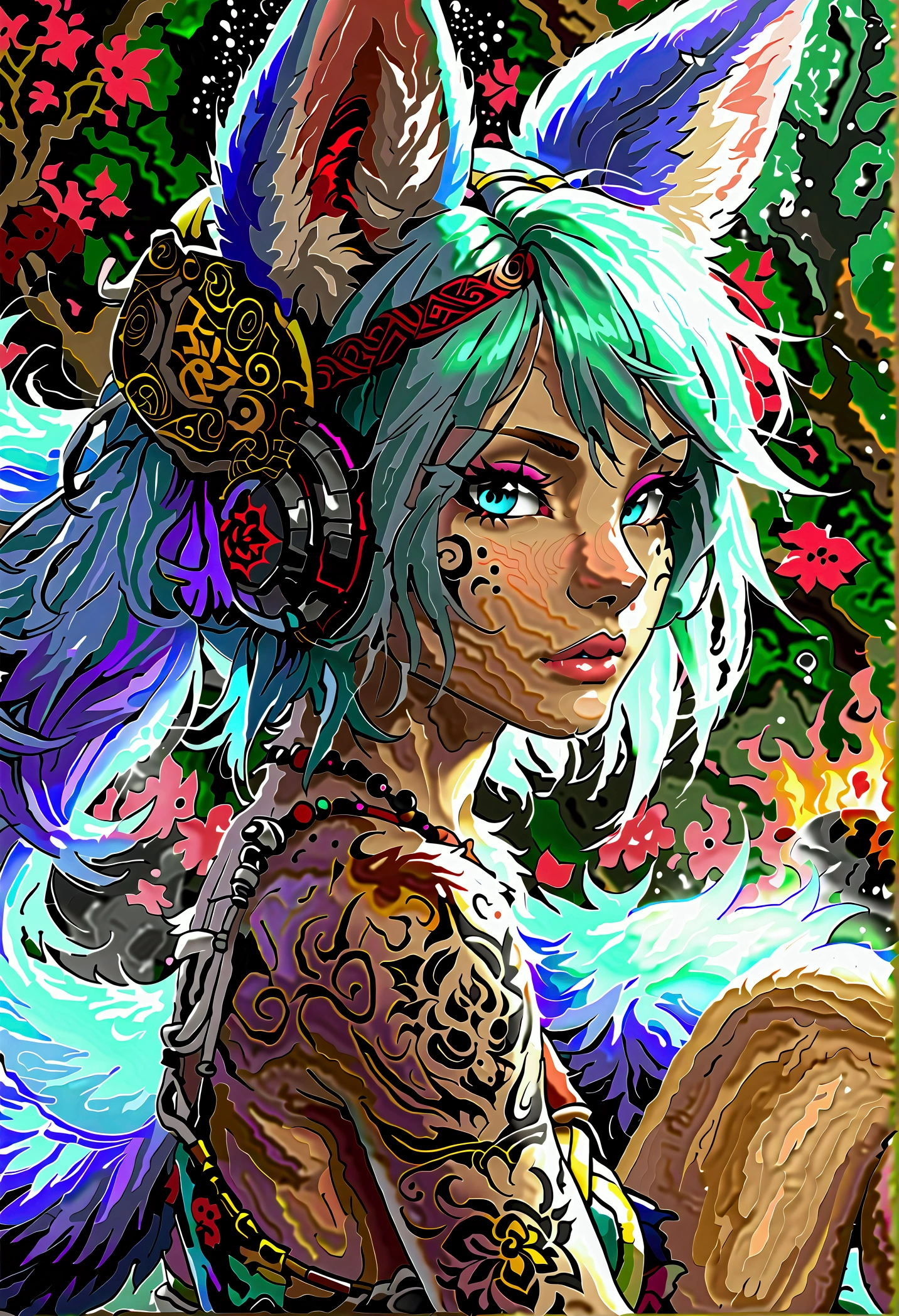 Miku Hatsune, add high definition_detail:1, blue fur,kitsune ears, tribal tattoo add_detail:1, in hell add_detail, barefoot, nice legs