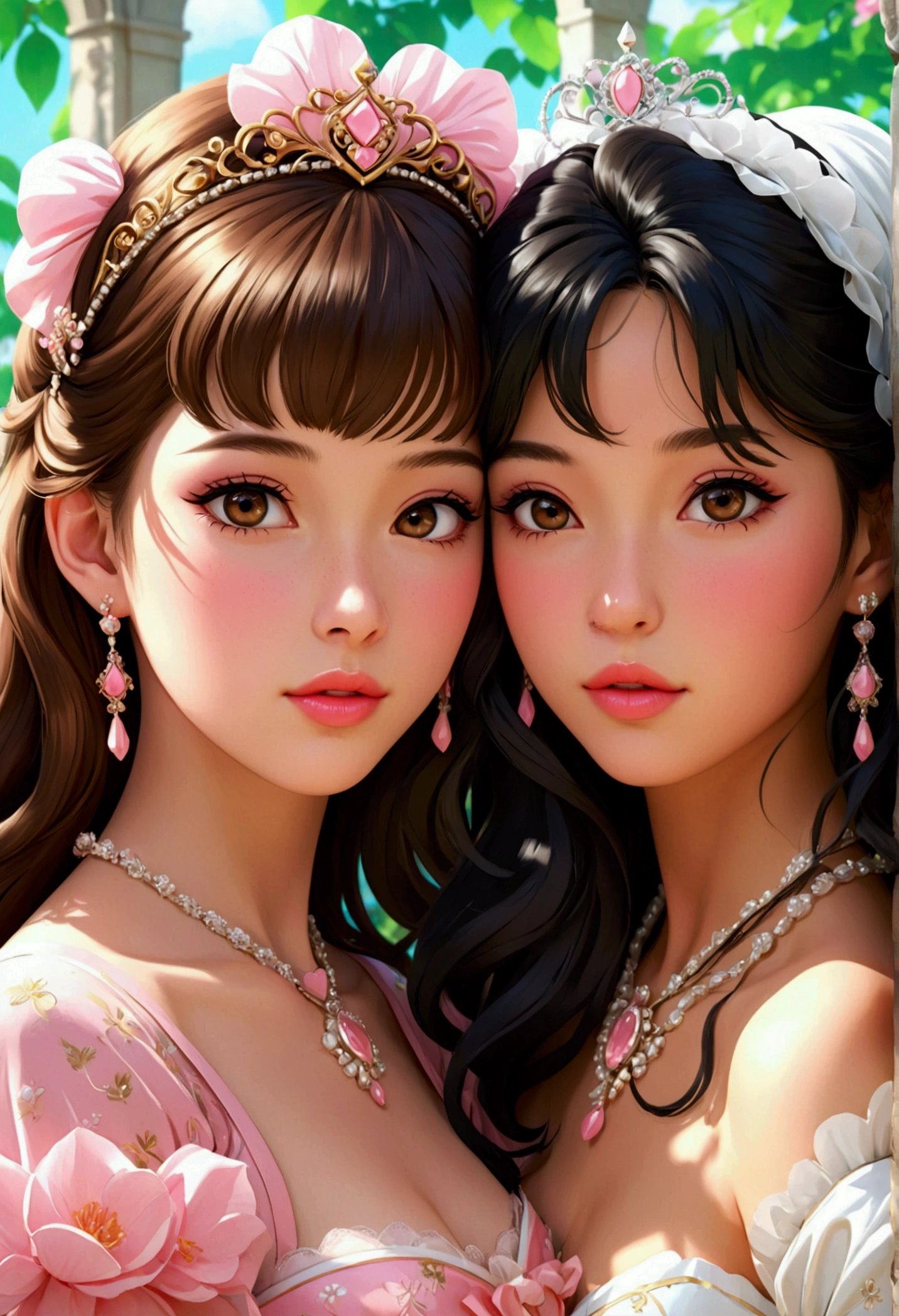 TWO beautiful young Sarak Kay style girls in love. One with semi-long brown hair, pink lips, delicate British features, dressed as a princess and the other with long dark hair, with delicate Asian features, dressed as a lady, both hugging and dressed in 50s style, illustration, 3d render, anime, decal, poster