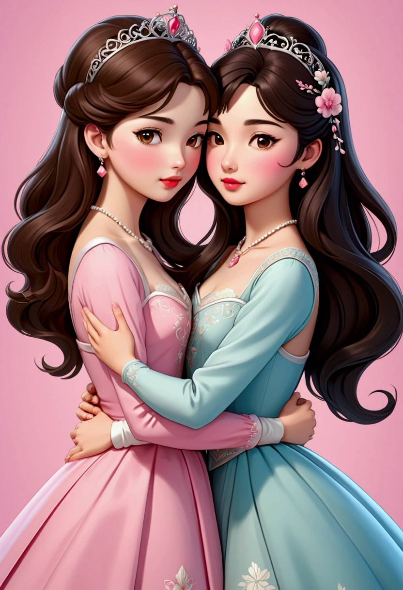 TWO beautiful young Sarak Kay style girls in love. One with semi-long brown hair, pink lips, delicate British features, dressed as a princess and the other with long dark hair, with delicate Asian features, dressed as a lady, both hugging and dressed in 50s style, illustration, 3d render, anime, decal, poster