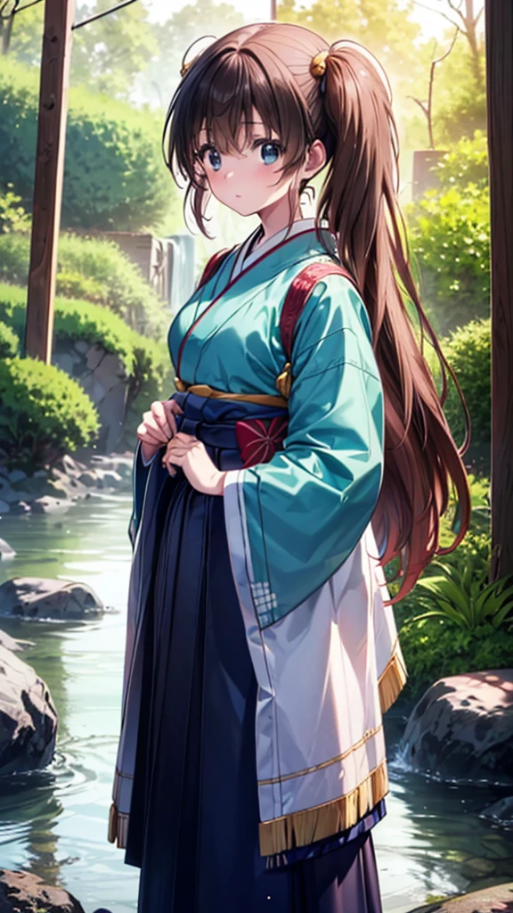 super high quality, Tomochika Dannoura, (brown hair, colorful hair, long hair, blue eyes, long hair, japanese_clothes, solo, nature, 1 girl, outdoors, standing, forest, view_at_viewer, water, blurry, male_focus, trees, wide_sleeves,  hakama , blur_foreground, water_drop, kimono, stone, long_sleeve, depth_of_field, black_hair, 8K, super detailed, super detailed background