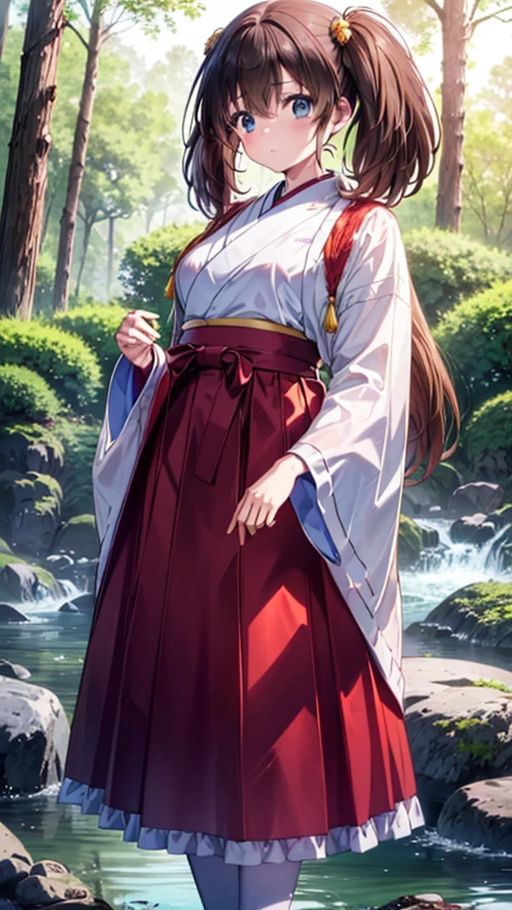 super high quality, Tomochika Dannoura, (brown hair, colorful hair, long hair, blue eyes, long hair, japanese_clothes, solo, nature, 1 girl, outdoors, standing, forest, view_at_viewer, water, blurry, male_focus, trees, wide_sleeves,  hakama , blur_foreground, water_drop, kimono, stone, long_sleeve, depth_of_field, black_hair, 8K, super detailed, super detailed background