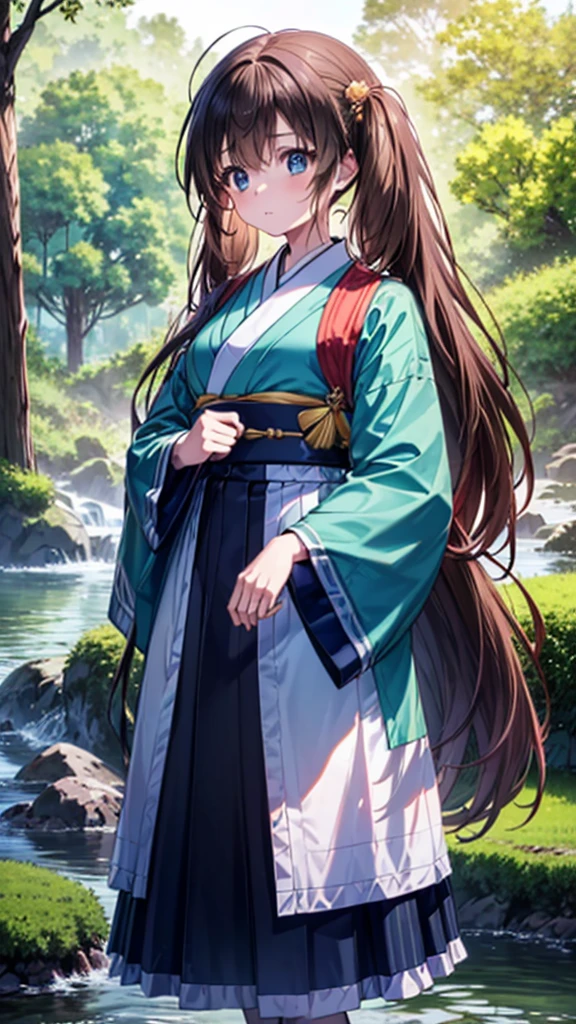 super high quality, Tomochika Dannoura, (brown hair, colorful hair, long hair, blue eyes, long hair, japanese_clothes, solo, nature, 1 girl, outdoors, standing, forest, view_at_viewer, water, blurry, male_focus, trees, wide_sleeves,  hakama , blur_foreground, water_drop, kimono, stone, long_sleeve, depth_of_field, black_hair, 8K, super detailed, super detailed background