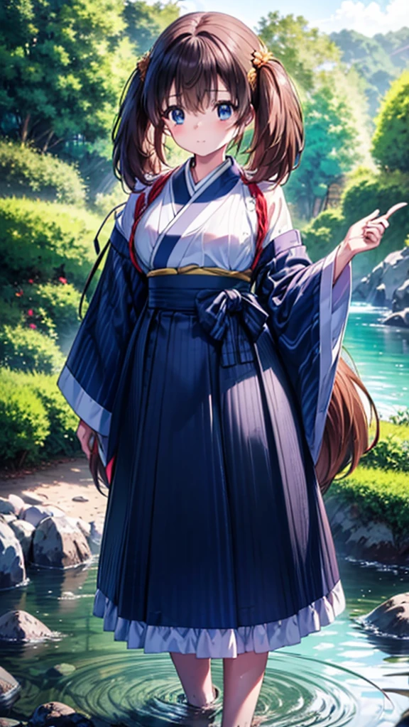 super high quality, Tomochika Dannoura, (brown hair, colorful hair, long hair, blue eyes, long hair, japanese_clothes, solo, nature, 1 girl, outdoors, standing, forest, view_at_viewer, water, blurry, male_focus, trees, wide_sleeves,  hakama , blur_foreground, water_drop, kimono, stone, long_sleeve, depth_of_field, black_hair, 8K, super detailed, super detailed background