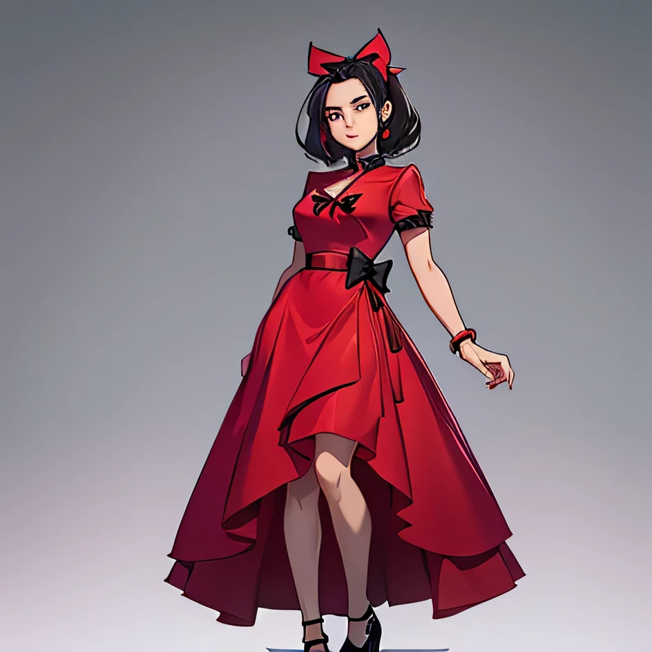 15 year old girl, slim, good body, Red dress, black fashion shoes, black hair with yellow and pink bows and bows, fernanda the researcher. very beautiful face