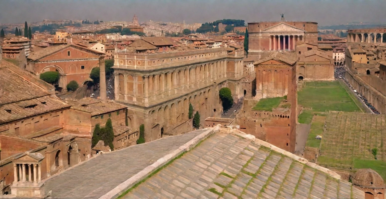 arafed view of a city with a lot of buildings and a clock tower, roman city, rome, ancient rome, rome in background, eternal city, roma, roman monuments, ancient roman setting, rome backdrop, roman historic works, market in ancient rome, old roman style, colosseo, city ruins in the background, ancient roman style, view from slightly above