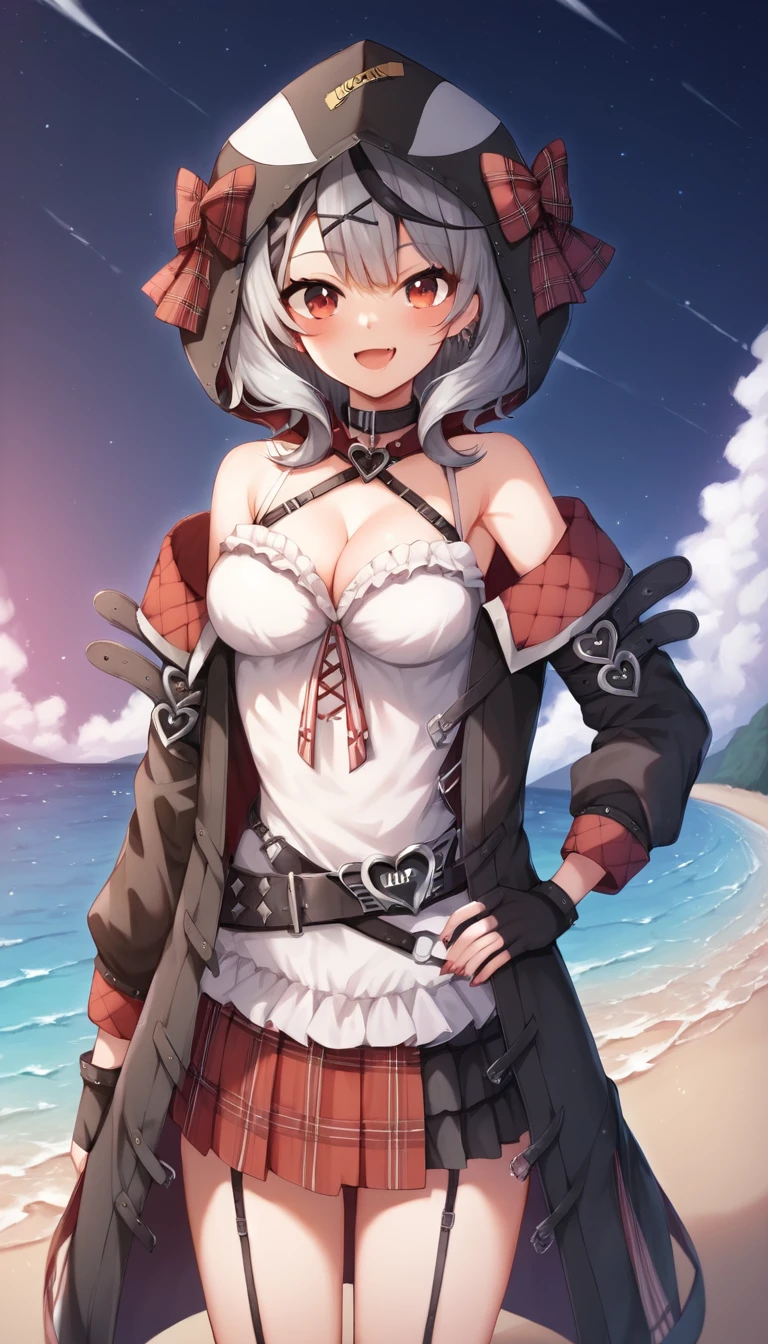 chloe_thief, 1girl, solo, gloves, fang, hood, looking at viewer, smile, hood up, off shoulder, skin fang, blush, hand on hip, open mouth, :d, open clothes, cowboy shot, animal hood, shirt, pleated skirt, open jacket, long sleeves, miniskirt, score_9, score_8_up, score_7_up, score_6_up, score_5_up, score_4_up, outdoor, PEAnimeBG, ocean, beach, harbor, scenery, background, anime, sky, night, stars,masterpiece, high resolution, octance 4k, high detail