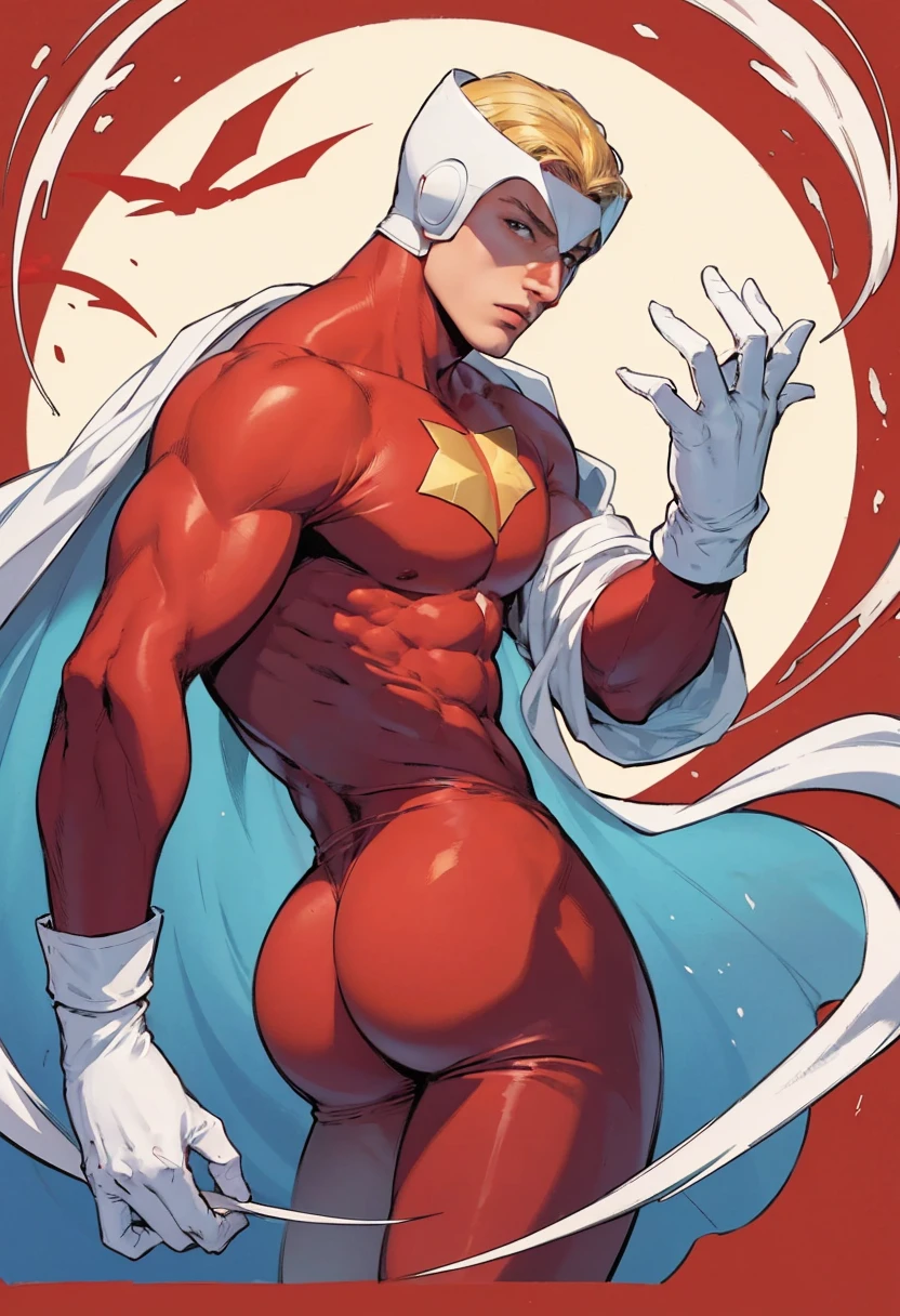 American classic comic book art: Male body, Angel X-men, handsome young man, short yellow-blond hair beautiful curls, wears technological bright red white helmet, tight white red hero bodysuit, white gloves, naked big butt, beautiful thighs, beauty tanned face, very young face , male body ,peach lips, white sleeves, tight red bodysuit, red male chest, prancing, white tech bracelets, spy, red stockings, nice showing butt, gold, ethereal comic book