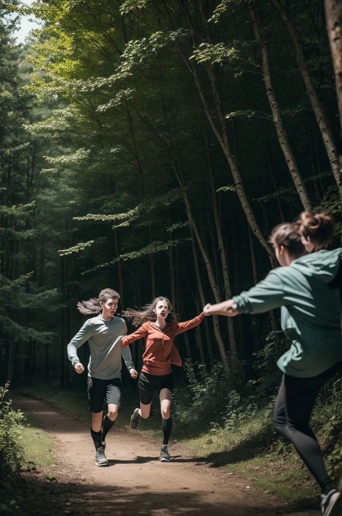 Young people running from something very scary in a forest at night