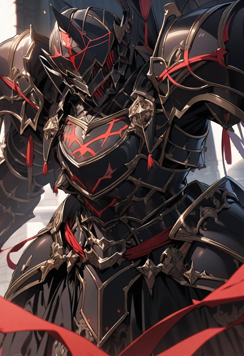 a extremely detailed black colored church bell shaped armor set with red runes covering the armor