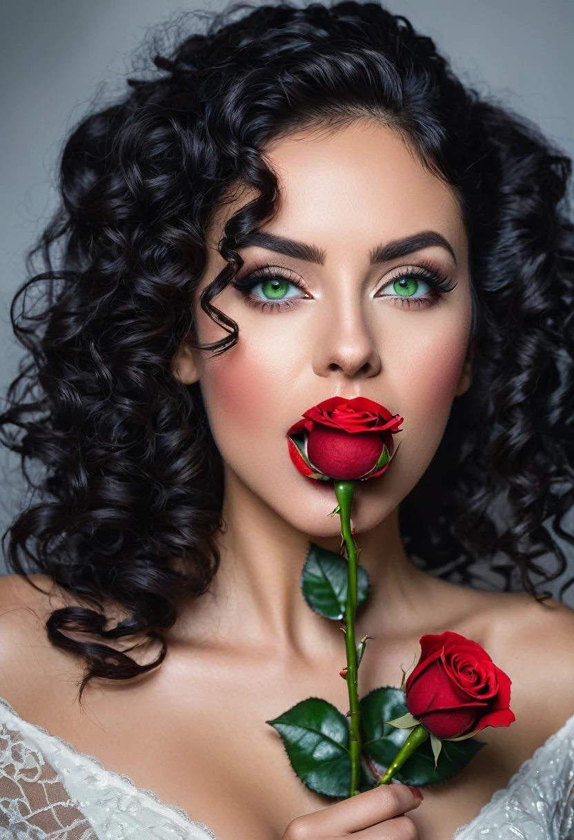 a woman with light green eyes, flawless skin, half-length photo, full red mouth, curly black hair tied behind her head, holding a red rose, extravagant photography style, captured with a Nikon D7000 camera using a 35mm lens, f11 speed 125sec, Cinematic and dramatic back lighting, ultra clear, breathtaking surreal masterpiece. 8k. HDR.
