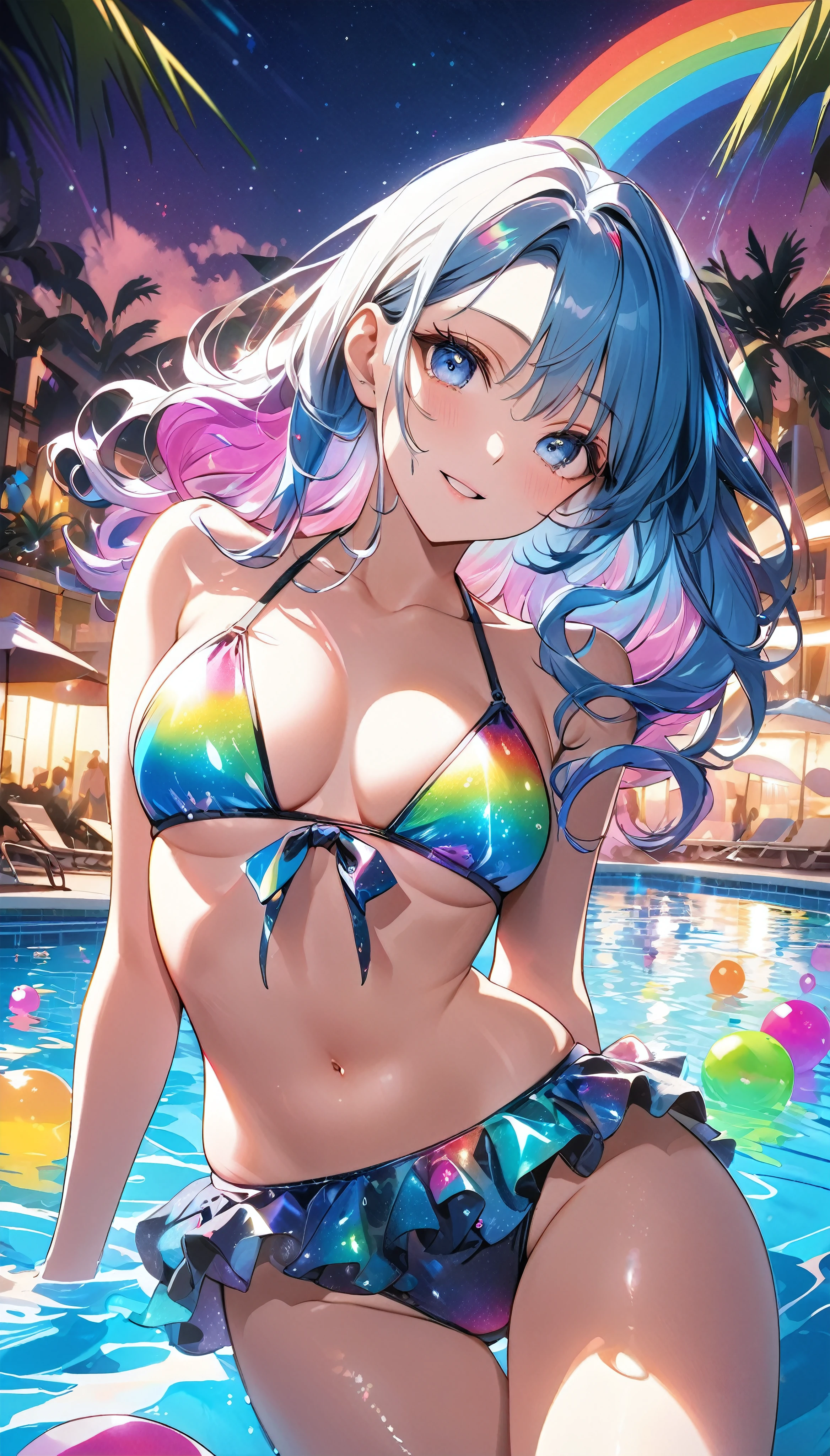 (Masterpiece) (High Detail) (High Res) A short humanoid girl with pale human skin and blue eyes and long blue hair and blue dog ears and a fluffy blue dog tail and average breasts. She is standing on a parade float in the middle of Carnival wearing a rainbow sequin bikini with lots of rainbow flags and rainbow confetti. She has a rainbow headdress on made of rainbow feathers. She has blushing cheeks and looks cheerful.