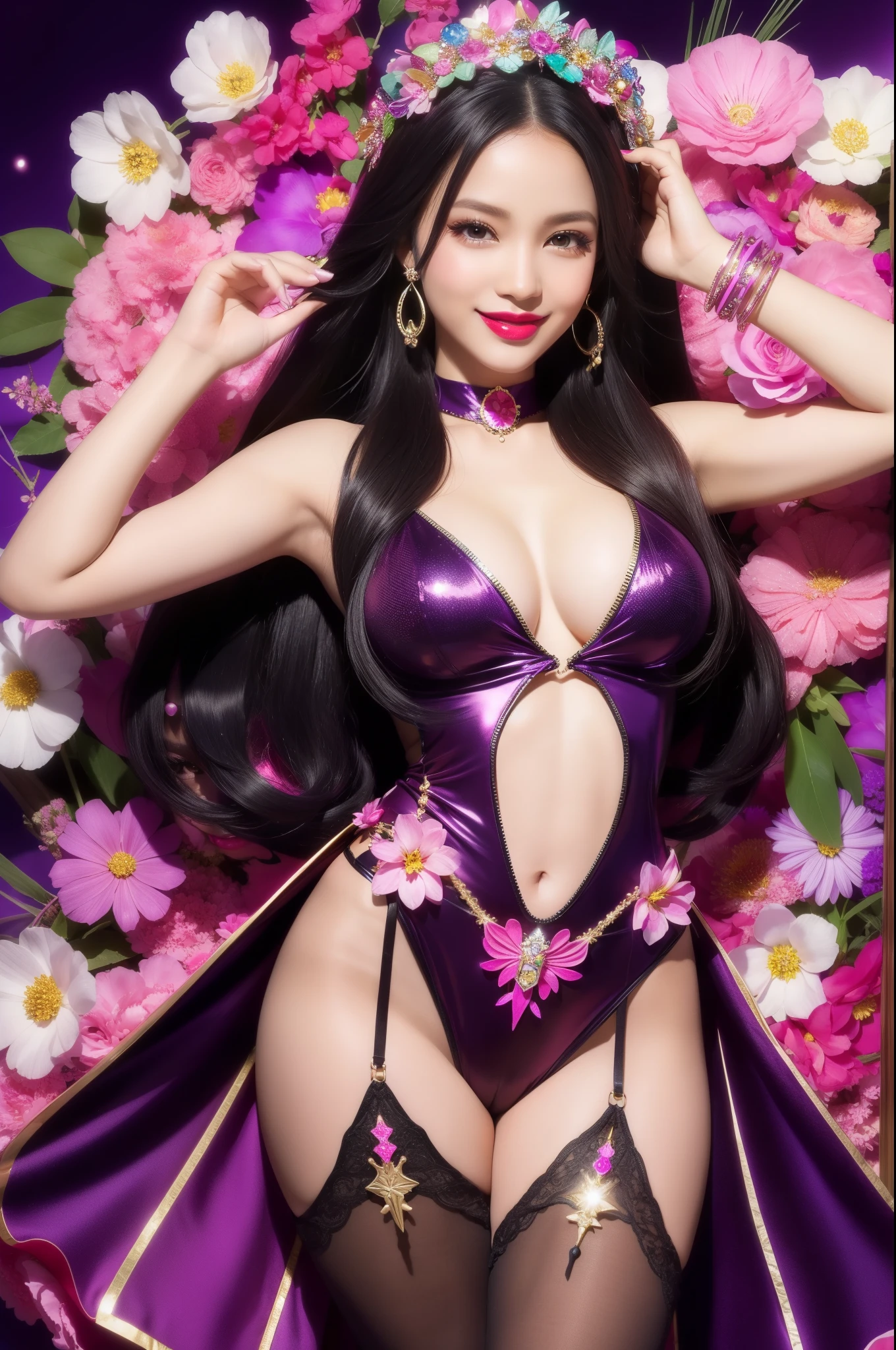 sexy golden princess who controls poison、beautiful smile、lipgloss、long lashes、intense makeup、look at the camera、full body Esbian、、sparkling poisoned flower costume、、、、shiny sparkling multicolor hair、secrete poison、skull hair accessories、fishnet tights、shiny sparkling dark magic forest background