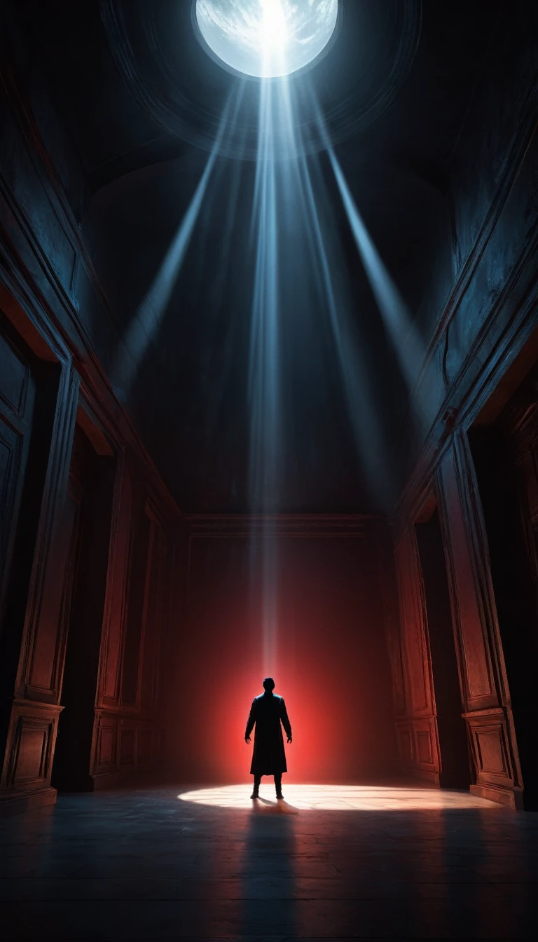 realistic digital illustration,in a lateral view, featuring a centered silhouetted man figure Suspended in mid-air in fetal position. In the background arms of dark creatures come out the walls trying to capture the man. A beam of bright, white light shines down through the top, illuminating the center of the scene. The overall atmosphere is mysterious and otherworldly, with a stark contrast between the dark surroundings and the intense light from above. conceptual image, red color palette