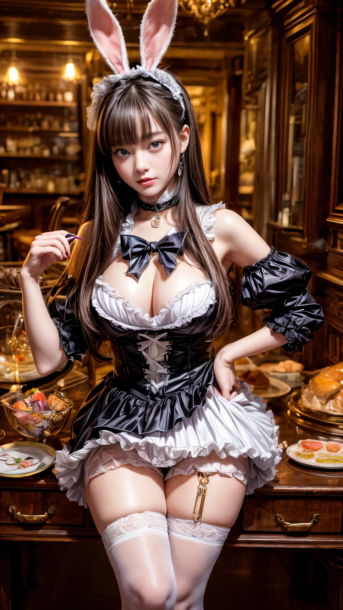 4K, Realistic,Very detailed,Bunny ears、Rabbit costume,Bunny girl、Big Breasts、Soft Theme,Age 25、smile、(((Alice in Wonderland World)))、((Pocket watch))、(Black tuxedo-like miniskirt dress)、Thigh-high stockings、((Playing cards))、((Delicate painting)),(Detailed RAW photos of girls), (Masterpiece:1.25), (Highest quality:1.6), (Ultra-high resolution:1.5), (Realistic:1.75), 8K resolution,:1.6), Canon EOS R5, 50mm,Very detailedな,Cinema Lighting