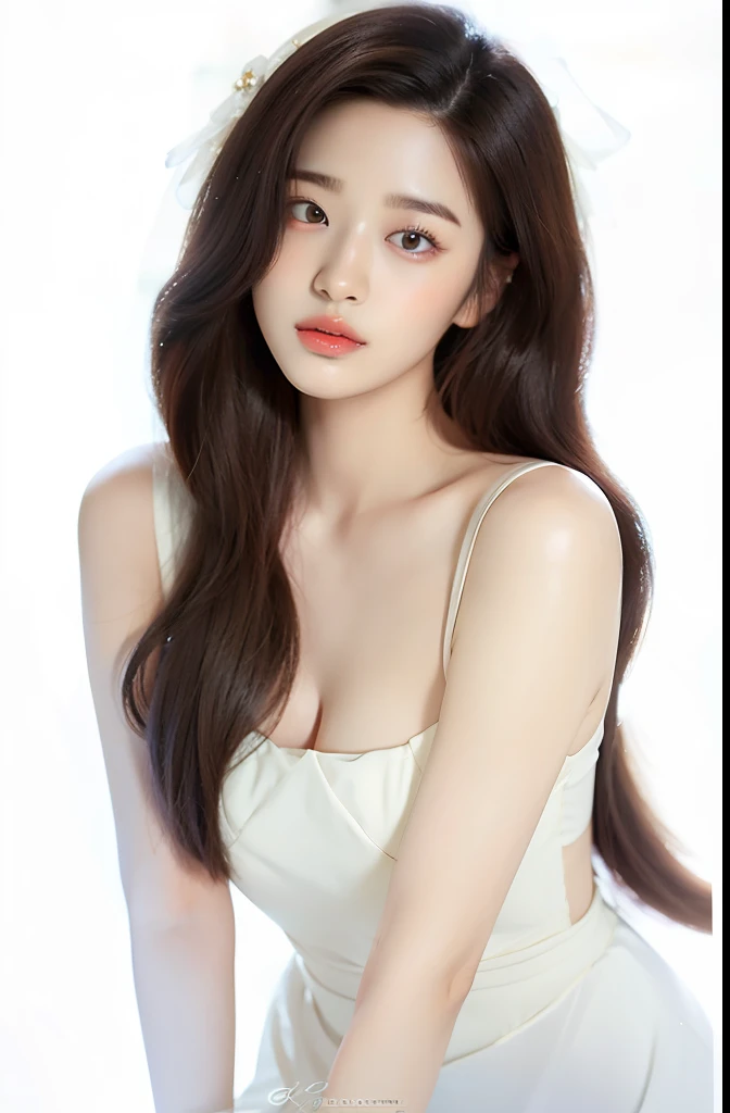 Close-up of a woman wearing a white dress posing for a photo, Gorgeous young Korean woman, Beautiful young Korean woman, Beautiful Korean woman, Urzan, jinyoung shin, Cui Xianhua, Minami Zaiwa, asian girl long hair, Korean female fashion model, korean girl, Li Zhien, Li Zhien, long hair
