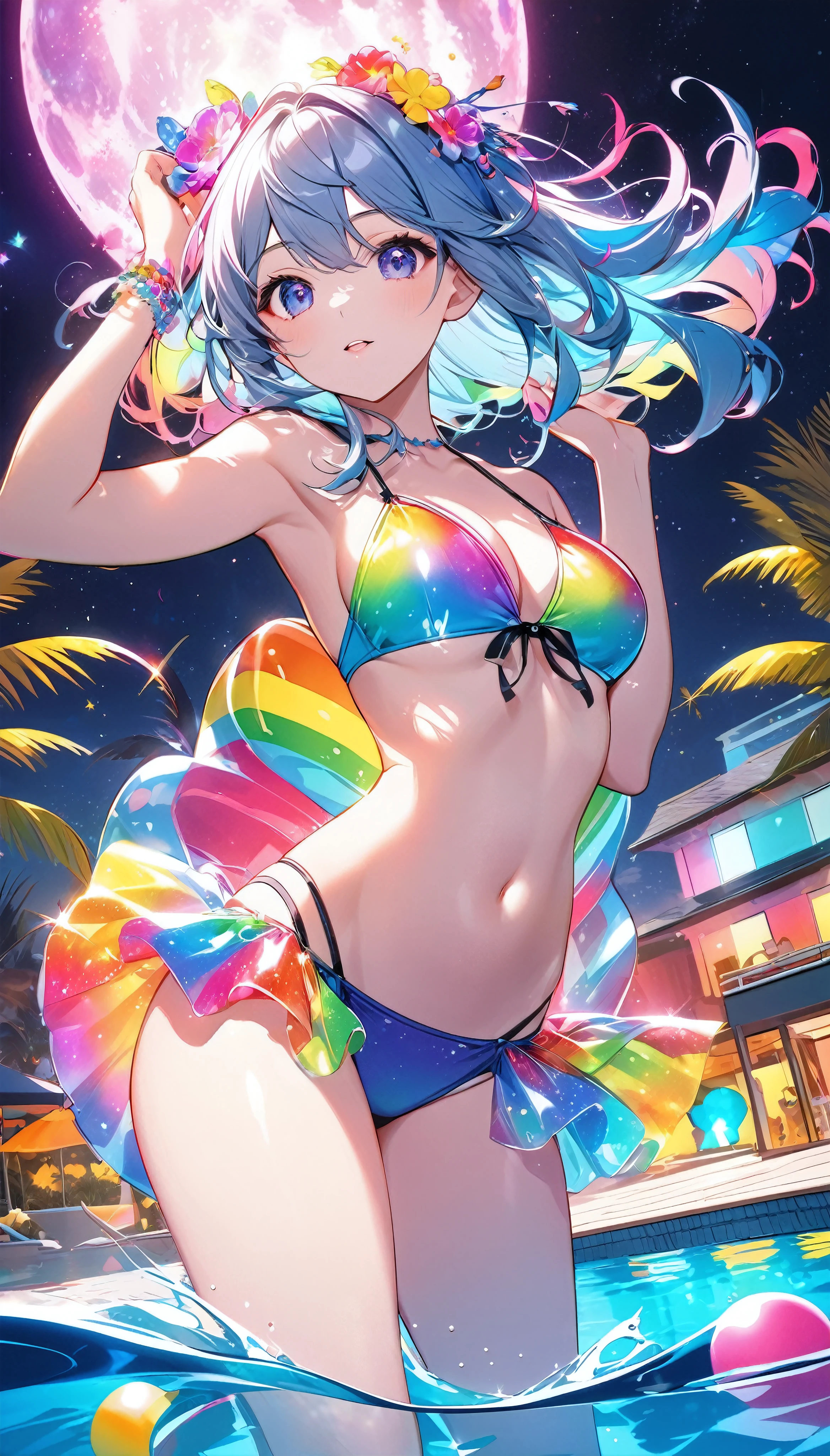 The ultimate aesthetic, Midnight Pool Party, Fantastic rainbow reflective shine, A bikini of temptation blooming in ecstasy, Immerse yourself in the afterglow of insane pleasure, vivid, colorful, vivid fantasy pop art, Transparent full color coating, Holographically sparkling aesthetic pool, A dark fantasy background that highlights the subject, A luxurious and extravagant midnight pool party with many attendees, Moonlight brings out the dramatic beauty of your subject,