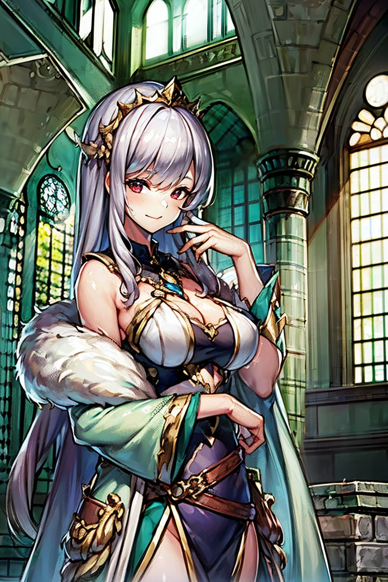 (masterpiece, best quality:1.2), 1girl, solo, tiara, silver hair, red eyes, cleavage, (30 years old) , woman, long hair, beautiful, masterwork, ultra high res, ultra detailed, super fine illustration, cg unity 8k wallpaper, perfect eyes, ultra detailed beautiful face, perfect hands, adult, 