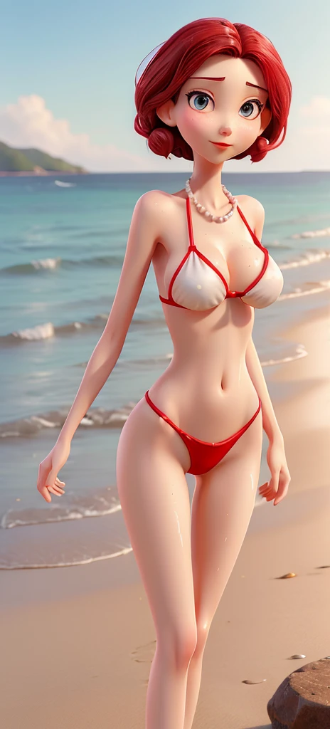 A beautiful skinny woman red lips delicate face with thin skinny arms , thin skinny legs and thin waist, very huge breast ,on beach in sexy micro bikini  ,pearls,soaking wet, show whole body standing in seductive pose