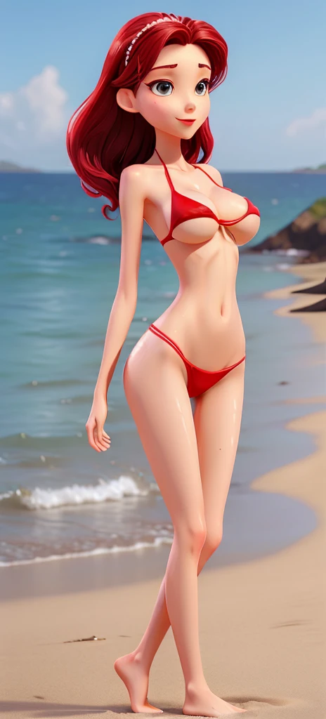 A beautiful skinny woman red lips delicate face with thin skinny arms , thin skinny legs and thin waist, very huge breast ,on beach in sexy micro bikini ,pearls,soaking wet, show whole body standing in seductive pose
