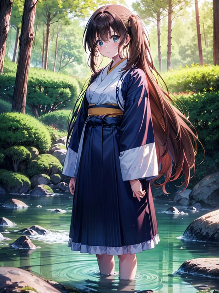 super high quality, Tomochika Dannoura, (brown hair, colorful hair, long hair, blue eyes, long hair, japanese_clothes, solo, nature, 1 girl, outdoors, standing, forest, view_at_viewer, water, blurry, male_focus, trees, wide_sleeves,  hakama , blur_foreground, water_drop, kimono, stone, long_sleeve, depth_of_field, black_hair, 8K, super detailed, super detailed background