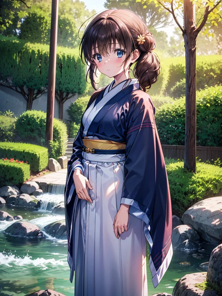 super high quality, Tomochika Dannoura, (brown hair, colorful hair, long hair, blue eyes, long hair, japanese_clothes, solo, nature, 1 girl, outdoors, standing, forest, view_at_viewer, water, blurry, male_focus, trees, wide_sleeves,  hakama , blur_foreground, water_drop, kimono, stone, long_sleeve, depth_of_field, black_hair, 8K, super detailed, super detailed background