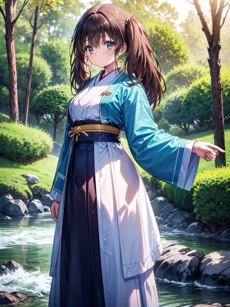 super high quality, Tomochika Dannoura, (brown hair, colorful hair, long hair, blue eyes, long hair, japanese_clothes, solo, nature, 1 girl, outdoors, standing, forest, view_at_viewer, water, blurry, male_focus, trees, wide_sleeves,  hakama , blur_foreground, water_drop, kimono, stone, long_sleeve, depth_of_field, black_hair, 8K, super detailed, super detailed background