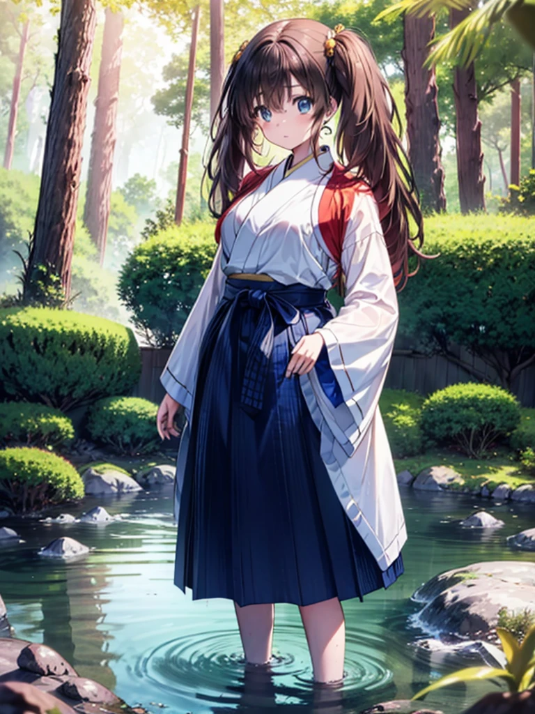 super high quality, Tomochika Dannoura, (brown hair, colorful hair, long hair, blue eyes, long hair, japanese_clothes, solo, nature, 1 girl, outdoors, standing, forest, view_at_viewer, water, blurry, male_focus, trees, wide_sleeves,  hakama , blur_foreground, water_drop, kimono, stone, long_sleeve, depth_of_field, black_hair, 8K, super detailed, super detailed background